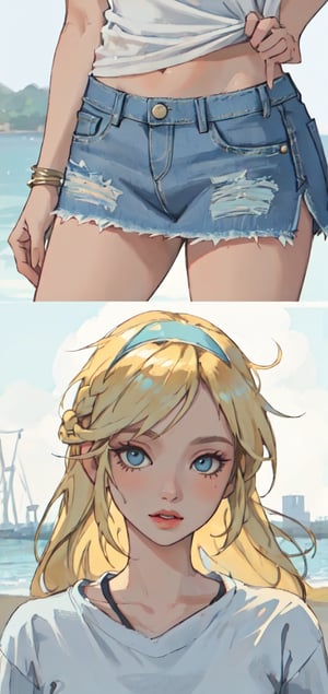 Detailed Portrait of woman with blonde hair with hair band wearing white and light blue t-shirt and denim skirt and converse, pose ,Lucy_Heartfilia