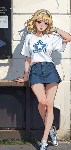 Detailed Portrait of woman with blonde hair with hair band wearing white and light blue t-shirt and denim skirt and converse, pose