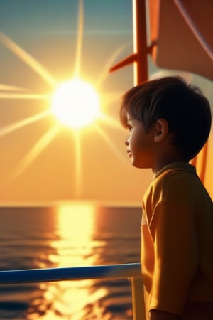 sun over the ocean, 8K wallpaper, boy on the ship , high_resolution, 3D realistic film, professional color grading, no contrast, smooth glowing effect, photography.