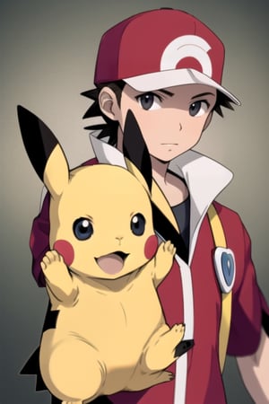 male body, cute face,  glorious  eyes, good hair style,  best quality, no contrast, hyper realistic,red \(pokemon\), pikachu, hat , poke_ball