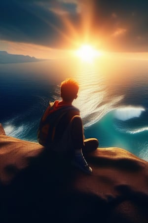 sun over the ocean, 8K wallpaper,mountain cliff, boy, high_resolution, 3D realistic film photography.