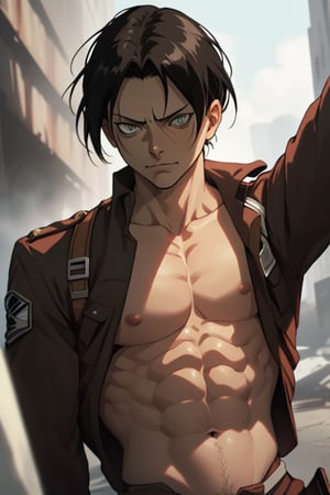  'Levi Ackerman'  from 'Attack on Titans',  glorious eyes , pocker face, sharp jawline, six pack,  small and streched eyes, professional color grading, no contast, soft light, clean sharp focus, award wining video photography