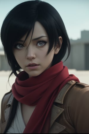  'Mikasa Ackerman' from 'Attack on Titans', red scarf, glorious eyes, professional color grading, no contast, soft light, clean sharp focus, award wining video photography, analog film photography.