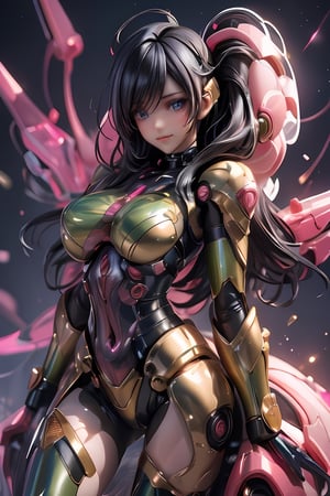 (dynamic pose:1.9),(smile:1.8),pink nipple,venusbody, ( Round breasts:1.6),  (blue eyes:1.5),,more machine body,(Ultra-shiny green cyborg body covering the whole body:1.9), (Ultra-shiny gold Cyborg cover to protect arms and legs:1.8),more fine detail, (long hair:1.6),  (powerful light on the chest and face:1.3),  Young Sensual Gravure Idol,  teats,  (middle tit:1.6),  cyberpunked,  Golden ratio body,  face perfect,  a Pretty face,  The face of a young actress in Japan,  (black hair:1.6),  Tied waist, perfect foot,  perfect hand,  Clean facial skin,  perfect fingers,  bob cut,  Smiled face,  A futuristic,  depth of fields,  reflective light,  retinas,  awardwinning,  ultra hight resolution,  Lights are shining all over the body,  High detailed,  parted lips,  mecha,  asian girl,  1girl,  solo,  beauty face,  perfect face,more  mecha, reflection light,  8K,  Anatomically correct,  Textured skin,  high details,  High quality, Pink lights on the chest, red lighting at the navel area, blue lights on the front sides, green lights on the knees,1 girl,sexy fighting cyborg girl,High detailed ,Color magic,Saturated colors,Color saturation ,Nice legs and hot body,l4tex4rmor,shiny latex
