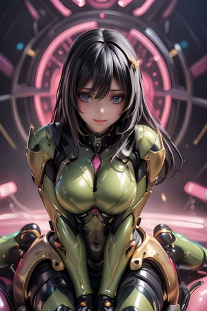 (lie on own back:1.9),(smile:1.8),pink nipple,venusbody, ( Round breasts:1.6),  (blue eyes:1.5),,more machine body,(Ultra-shiny green cyborg body covering the whole body:1.9), (Ultra-shiny gold Cyborg cover to protect arms and legs:1.8),more fine detail, (long hair:1.6),  (powerful light on the chest and face:1.3),  Young Sensual Gravure Idol,  teats,  (middle tit:1.6),  cyberpunked,  Golden ratio body,  face perfect,  a Pretty face,  The face of a young actress in Japan,  (black hair:1.6),  Tied waist, perfect foot,  perfect hand,  Clean facial skin,  perfect fingers,  bob cut,  Smiled face,  A futuristic,  depth of fields,  reflective light,  retinas,  awardwinning,  ultra hight resolution,  Lights are shining all over the body,  High detailed,  parted lips,  mecha,  asian girl,  1girl,  solo,  beauty face,  perfect face,more  mecha, reflection light,  8K,  Anatomically correct,  Textured skin,  high details,  High quality, Pink lights on the chest, red lighting at the navel area, blue lights on the front sides, green lights on the knees,1 girl,sexy fighting cyborg girl,High detailed ,Color magic,Saturated colors,Color saturation ,Nice legs and hot body,l4tex4rmor,shiny latex