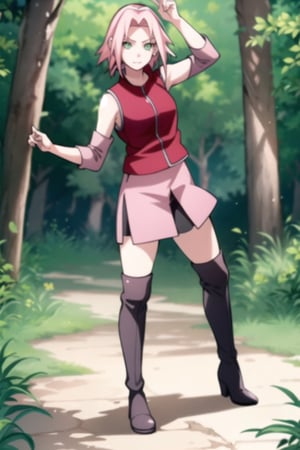 sakura haruno, green eyes, pink_hair, medium breast, red 
sleeveless jacket, pink skirt, black knee high boots, black footwear, dancing, in the forest,1 girl, seductive_pose, full_body_view