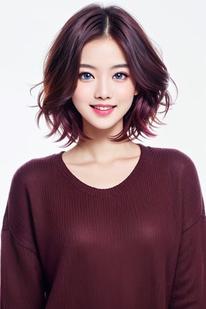 beautiful woman,  basic maroon color crewneck,  medium long shot,  blue eyes,  short magenta hair,  eye smile,  professional photoshoot,  symmetrical,  full white background,  8k resolution,  photorealistic masterpiece,  professional photography,  natural lighting,  maximalist,  8k resolution,  concept art,  intricately detailed,  complex,  maximum details
