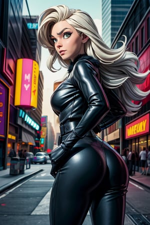 1girl, ((Felicia Hardy as Black Cat from Marvel comics)), (wearing a black skinny latex uniform with a dramatic cleavage with white fur detailing on the forearm and calves), pov_eye_contact, (masterpiece), perfect hands, perfect pose, (best quality, high quality, high detailed), perfect body, impossible fit, perfect_face, high_detailed_face, realism face, perfect_hair, female, amazingly fantastic wavy white hair, sexy pose, pin-up, sexy look, perfect tits, tiny waist, perfect ass, (in a dark new york city street:1.2), ghibli style