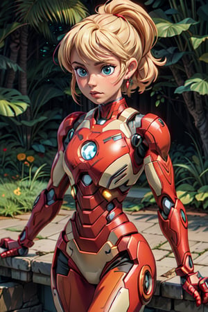 Ironman, sexy girl, blonde hair, looking at camera, (masterpiece, best quality:1.1), ghibli style