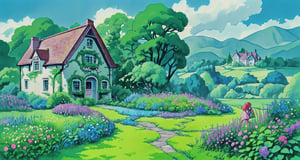 lushill style, countryside fantasy, watercolor illustration, whimsical, bright colors, huge overgrown cottage mansion, sharp details, meadow, vines, colorful flowers, perfect architecture, ghibli,ghibli style