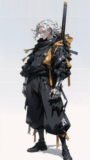 (highly detailed face, masterpiece, best quality, highres:1.3) anime urban samurai, young man in his late teens bounty hunter with mechanical arms wearing a hooded parka, baggy pants with pale skin and white hair. gloomy eyes. full body ,urban techwear,getou