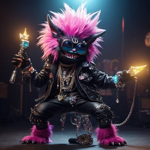 full body a punk rock anthropomorphic cute monster trash wearing, lasses, jewelry, cinematic lighting, cool pose, gorgeous magical photography