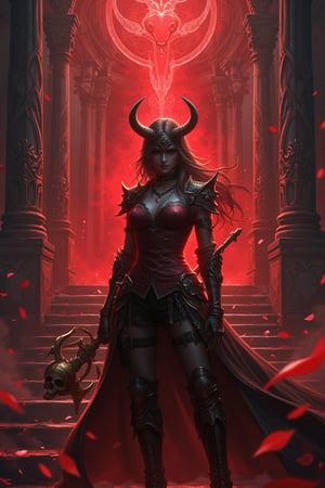 A highly detailed dark fantasy scene featuring a fierce female warrior on grand stone stairs bathed in red light. She has an ethereal, pale complexion with long black hair, wearing a flowing gown adorned with feathers, leather, and gold. A skull helmet with a curved horn and serpent crowns her, symbolizing death. She wields a staff topped with a skull in one hand, while her other hand rests on her hip. Intricate stone carvings glow red beneath a swirling dark red mist, creating a powerful, eerie atmosphere.