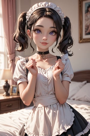 score_9, score_8_up, score_7_up, score_6_up,1 girl, asian, beautiful, short dual pig tails, black wavy hair, layer skirt, white shirt, maid hat, choker, bedroom, photography, bokeh, cute,(best quality), (masterpiece),BWcomic