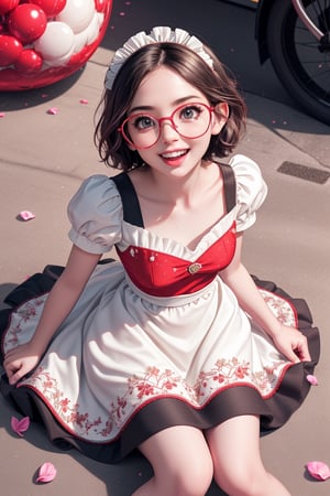 Glow red, line art, a cute girl, small, slim, ear fox, sit, ground, candy, full of petals, petals on the ground, high angle, happy, look up, look at viewer, short hair, short bang, maid dress, puffed clothes, wide dress, round glasses, rainbow glitch
(Masterpiece), hyper detail, 8k, best quality