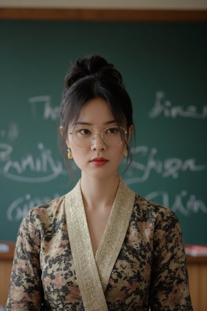 raw photo, photography, 35 mm, cowboy shot, straight and front view of a woman, Korean, (luxurous woman:1.2), (40 years old), teacher, fashion and luxury elegant outfit, fashion glasses, hair bun, black hair, blackboard classroom background, natural light, upper body,PTAIAsianBeauty