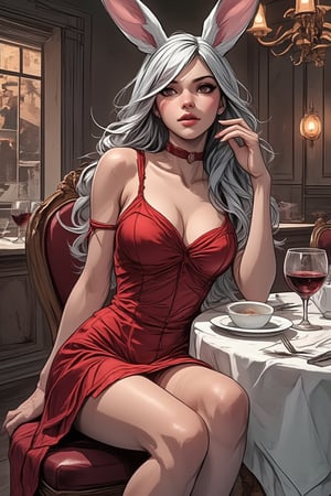 a woman, bunny ear, sit, allure dress, 2 string fashion dress, table dinner, wine glass, cozy room, enjoy face. Ezra scarlet,PTAIWcomic