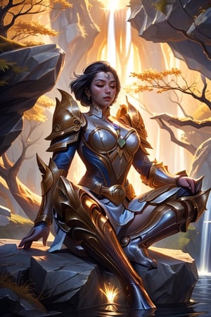 1 girl, (martial artist), tranquil on the top of the huge rock, among the steam and water fall, sun light, (natural landscape). royal armor, divine, (super power:1.2), armor.