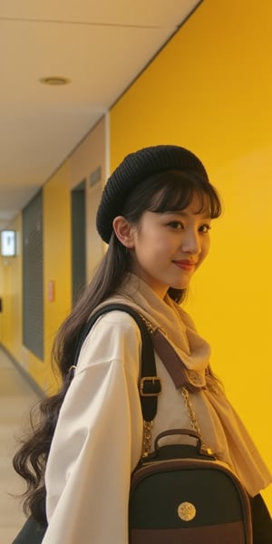 A young woman in a school uniform, photorealistic, yellow wall, bags on back, side angle, look at viewer, long black hair, gently smile, charming, the white shirt, silk scarf, sweater hat, sunlight, shadow, 35mm, f1.4, Cinestill 800T, hongkong movie color tone,PTAIAsianBeauty