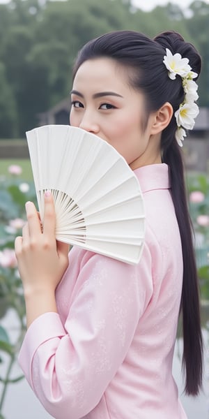 Raw photo, (full body portrait:1.3) of a Asian woman in a light pink silk dress, intricate pattern dress.She is holding a white fan, fan cover her face, artistic pose, mouth covered. The woman's hair is adorned with white flowers adding a touch of beauty to the scene. The background is natural with chinese temple and lotus lake,HKBT_TM