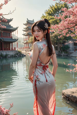 An ancient chinese woman, view from behind, (she is looking back:1.2), (light smile:1.2), she is on the lake of the ancient chinese temple, rocks, blossom particles floating, reflective water, fantasy art.