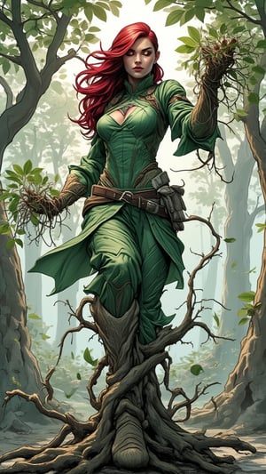 A woman, with the power of nature, she is able to control tree roots, she floats in the air There were large roots emerging from the ground that tied his feet, and she stretches out one hand with roots coming out And the leaves, Her clothes were green and sparkling red, her hair was long and red. Marvel comic style,PTAIWcomic