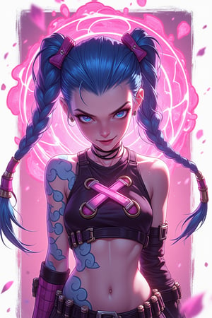 , jinxkaryln,jinx league of legends, a woman, upper body, portrait, (snicker design with white border:1.2), background with hundred of lines shape, pink background, the woman in Jinx arcane dress, croptop and X on the chest (detailed outfit), smile crazy, under her body is grenades logo, X barrier and gatling guns, huge mushroom shape explosion on the background, intricate, masterpiece, (2D illustrator:1.2), best quality, highres, girly color, pink pastel background, (highly detail).