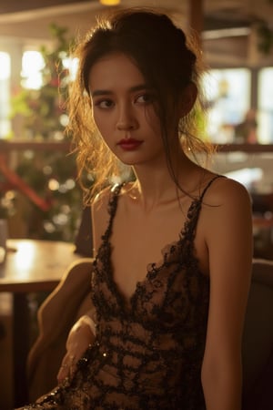 raw photo, photography, 35 mm, cowboy shot, straight and front view of a woman, 20 years old, young and hot body, ptaiasianbeauty
2 strings sleep dress, smooth skin, sit, christmas cafe, nice decoration, bokeh, elegant coffee shop, chair and table, sun ray, window, soft shadow