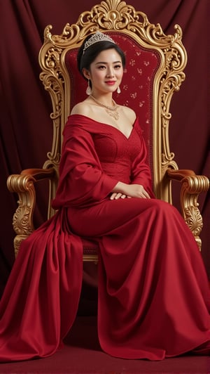 A woman, luxury and noble throne, sit, red carpet, side light, cinematic, intricate golden decoration, crown, royal,PTAIHanfu,Ahri,PTAIAsianbeauty, HKBT_CAKTT,HKBT_TM