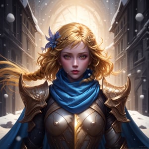 digital painting inspired by WLOP, intricate draw, cut/rip, jaggy, try hard, epic theme, masterpiece, cinematic gradient color, film grain, a female soldier in reflective armor suit, hair braid, dark yellow hair ornament, fur scarf, blue cape, dazzling atmosphere, setting background is an army of thousand man in the form, snow, wind blow, intricate and divnine armor,armor, 
