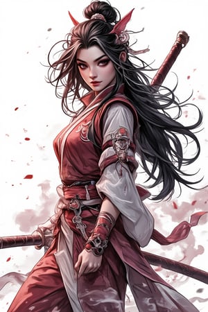 A woman, long floating hair, action theme, weapon on back, hanfu outfit, white simple background, res outfit, red smoke,PTAIWcomic