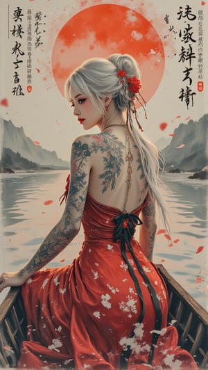 Watercolor masterpiece infused with traditional Chinese brushwork, featuring a mystical and surreal figure in a red velvet, high-waisted short skirt. Her platinum blond hair cascades like flowing mist, entwined with gothic motifs, and delicate, swirling patterns accentuate the fabric. Intricate tattoos of vines and nature spiral across her skin, partially shrouded by ghostly, ethereal wisps that emanate from her form. She sits poised in a narrow wooden boat, gently drifting through a twilight river, the sky burning with the fiery hues of a smog-filled sunset. Above the horizon, cryptic Latin script intermingles with floating Japanese characters, blending with the haze. The scene exudes a futuristic, gothic elegance, surrounded by a smoky atmosphere and illuminated by splashes of vivid, radiant inks, merging ancient calligraphy with modern mystery.,Ahri