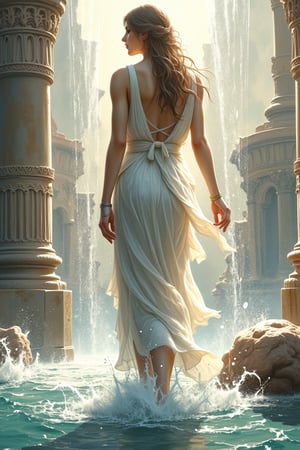 Watercolor, a goddess with light silk outfit, ancient greek, in the fountain with small water fall, water steam, myterious, mythology