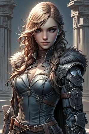 A woman, (upperbody shot), (looking at viewers:1.3), (sexy), viking armor, smooth skin,golden hair, (braids), shoulder plate, belts, X belts, high collar, (blue eyes:1.2), fur gloves, fur trim, cape, layer clothes, (dungeon background), photorealistic,PTAIWcomic