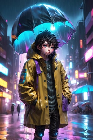 Hiro Crazy Dimension, sad boy, hugging a balloon and cry, rain, cyberpunk city, cinmematic, emotional, dark night, raincoat, glowing