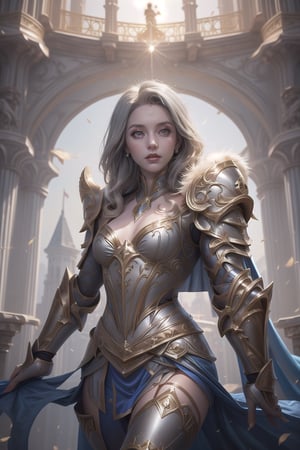 1 girl, (female genaral), epic posing on the top of the buildding balcony stage, straight view, fur trim, cape, gray iron wall. (royal armor:1.4)