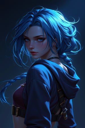 , jinxkaryln,jinx league of legends, cold color tone, lowkey, dark atmosphere, a woman, upper body, bow head, side view, fabric hood, light from above, hard shadow, light line, portrait, dark background. Tranquil face, gradient light, Blue hair, side light, light line, high contrast