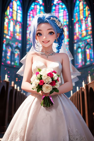 JinxKaryln
1 girl, wedding dress, flower bouquet, church, candles, kaleidoacope, vivid color glass, happy, smile, ribbons.
(Masterpiece), (ultra detail), 8k, uhd.