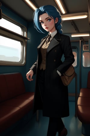 JinxKaryln, detective outfit, inside a train, steampunk, 1900's movie style, old photo color, low sat, muted color, film grain,