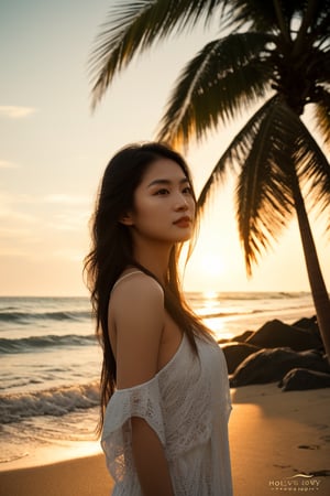 realistic,1 girl, asian, beautiful, photography, beach, sunlight, sea, palm tree, upper body, (long hair), sun light, sun, lowkey, sunset, horizon