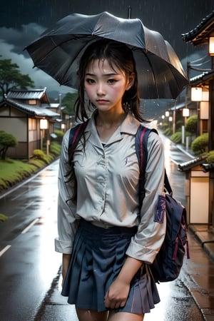a girl, student uniform, on the road, lonely, rain, japanese country side street, (night:1.2), sad theme, emotional