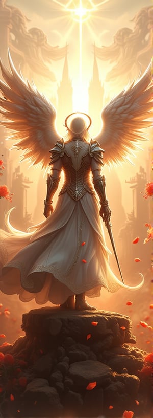 Score_9, score_8_up, score_7_up, In this cinematic masterpiece, a majestic female angelic inquisitor stands tall, her platinum locks cascading down like a river of gold. Her piercing eyes seem to bore into the soul as she clutches a holy sword. Above her head, a radiant halo shines bright, while white wings spread wide, their delicate feathers glinting in the flickering flames that engulf the distant castle. The red cross on her white armor stands out against the fiery backdrop, its intricate details rendered with precision. The metal armor appears to flash with an otherworldly intensity, as if infused with the very essence of the inferno. Ultra-high resolution and exquisite detail bring this fantasy world to life in a style reminiscent of movie special effects. Movie special effects style.