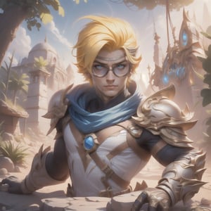 (masterpiece), (ultra detail), (intricate armor), sleague of legends, Ezreal, adventurer explorer costume, adventure glasses on head, short spike yellow hair, posing on the stone stack desert sanctuary background,3D MODEL