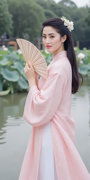 Raw photo, (full body portrait:1.3) of a Asian woman in a light pink silk dress, intricate pattern dress.She is holding a fan, artistic pose, mouth covered. The woman's hair is adorned with white flowers adding a touch of beauty to the scene. The background is natural with chinese temple and lotus lake,HKBT_TM