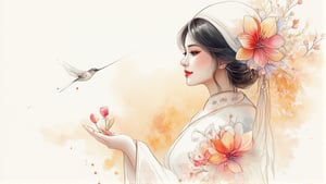 woman, flower and sky, bird and pride, PTAI2010, watercolor