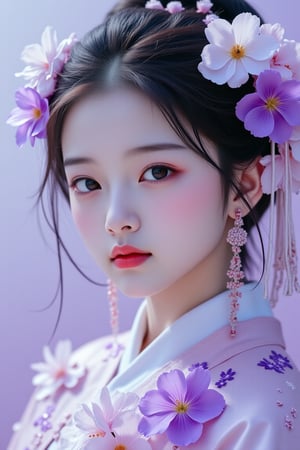 
a head shot of a young Chinese girl covered in white and purple flowers, in the style of cyberpunk realism, charming realism, exaggerated facial features, high resolution, enchanted realism, pale palette,PTAIHanfu