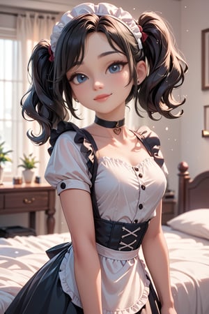 score_9, score_8_up, score_7_up, score_6_up,1 girl, asian, beautiful, short dual pig tails, black wavy hair, layer skirt, white shirt, maid hat, choker, bedroom, photography, bokeh, cute,(best quality), (masterpiece),JinxKaryln