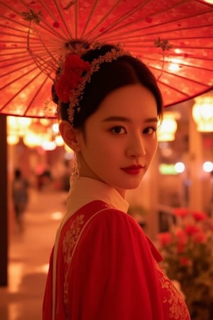 photorealism, (upper body), (portrait:1.2), KOLNB,Hanfu,Eroflo, a woman, beautiful face, red dress, japanese umbrella, bokeh, Chinese festival street, (nigh street:1.2), depth of field, columns, temple, lanterns. Best quality, uhd, 8k, hyper detailed,PTAIAsianBeauty