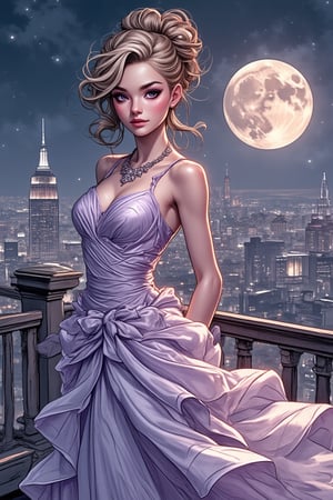 A young woman in shimmer gown, light purple outfit, goldend hair, hair bun, background is night city and buildings, the moon, (Ads banner with text 10k flickering:1.3), necklace, emo make up,PTAIWcomic