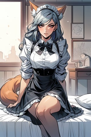 Ahri, black dress, white shirt, maid skirt, maid hat, fox ear, fox tail, bed, wooden house
BWcomic